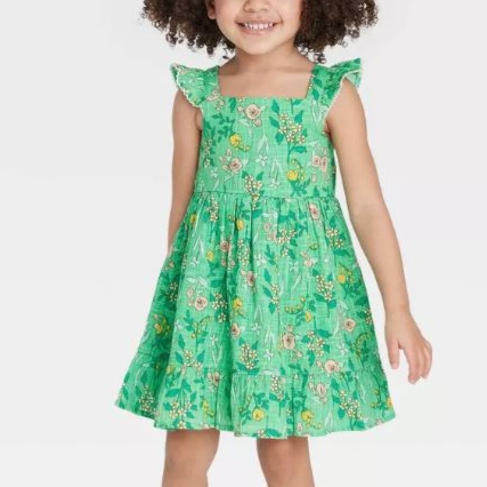 Cat & Jack Linen-Look Floral Dress Kids XS 4/5 Mint Green 100% Cotton Lined EUC